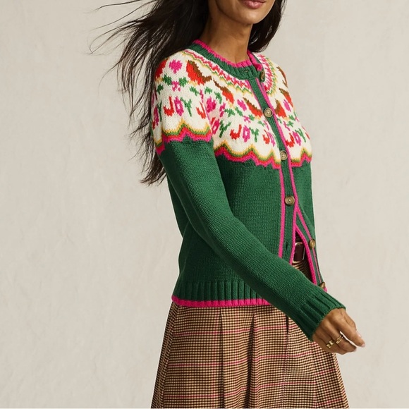 XL Lands End Lofty Birdseye Green and Pink Fair Isle chunky button up cardigan. - Picture 3 of 11